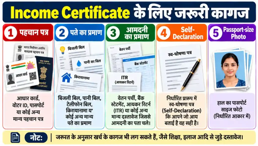 आय प्रमाण पत्र के लिए पहचान, पता, आमदनी और अन्य जरूरी कागज