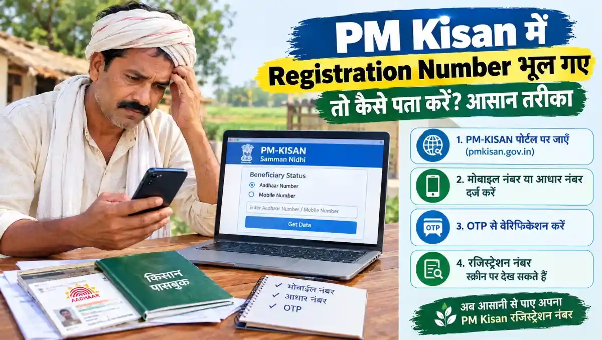 PM Kisan Registration Number भूलने पर भारतीय किसान मोबाइल फोन और लैपटॉप की मदद से PM Kisan पोर्टल पर अपना रजिस्ट्रेशन नंबर पता करने की प्रक्रिया देख रहा है।
