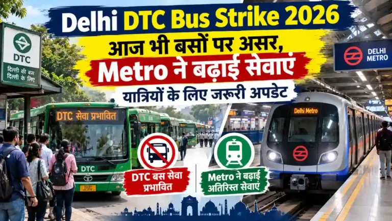 Delhi DTC bus strike 2026 के बीच बस स्टॉप पर यात्री और बढ़ी हुई Metro services