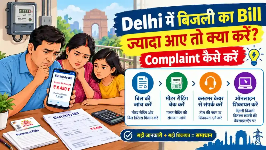 Delhi में बिजली का बिल ज्यादा आने पर भारतीय परिवार बिल, बिजली मीटर और स्मार्टफोन की मदद से बिल की जांच करते हुए। चित्र में बिजली बिल की शिकायत, मीटर रीडिंग चेक करने और ऑनलाइन शिकायत दर्ज करने की जानकारी दिखाई गई है।