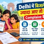 Delhi में बिजली का बिल ज्यादा आने पर भारतीय परिवार बिल, बिजली मीटर और स्मार्टफोन की मदद से बिल की जांच करते हुए। चित्र में बिजली बिल की शिकायत, मीटर रीडिंग चेक करने और ऑनलाइन शिकायत दर्ज करने की जानकारी दिखाई गई है।