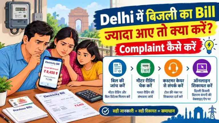 Delhi में बिजली का बिल ज्यादा आने पर भारतीय परिवार बिल, बिजली मीटर और स्मार्टफोन की मदद से बिल की जांच करते हुए। चित्र में बिजली बिल की शिकायत, मीटर रीडिंग चेक करने और ऑनलाइन शिकायत दर्ज करने की जानकारी दिखाई गई है।