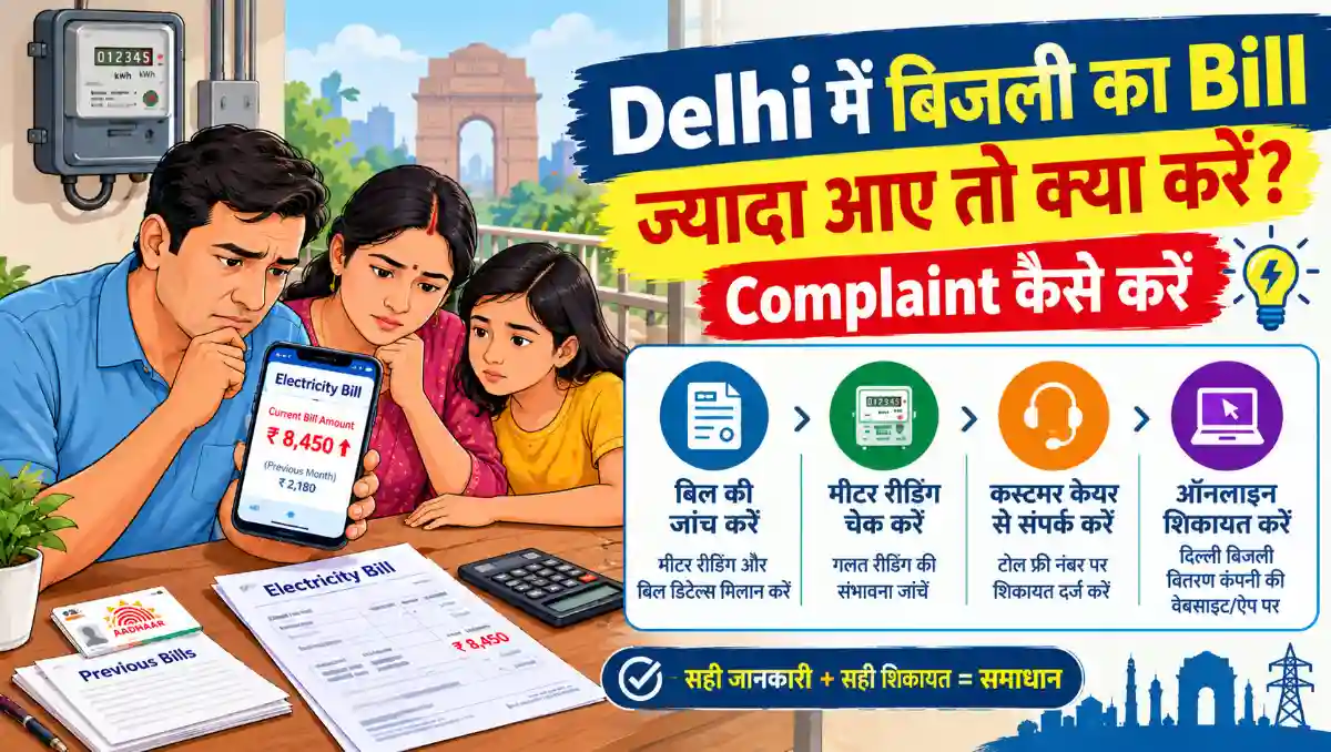 Delhi में बिजली का बिल ज्यादा आने पर भारतीय परिवार बिल, बिजली मीटर और स्मार्टफोन की मदद से बिल की जांच करते हुए। चित्र में बिजली बिल की शिकायत, मीटर रीडिंग चेक करने और ऑनलाइन शिकायत दर्ज करने की जानकारी दिखाई गई है।