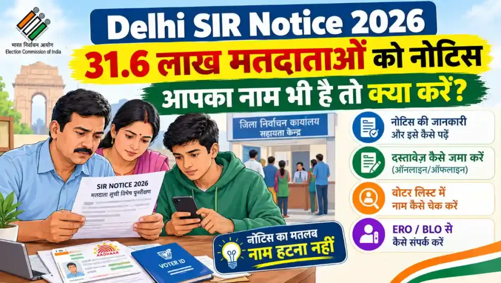 Delhi SIR Notice 2026 में मतदाता परिवार नोटिस, Aadhaar कार्ड और Voter ID के साथ जानकारी की जांच करते हुए, जिसमें नोटिस पढ़ने, दस्तावेज जमा करने और वोटर लिस्ट में नाम चेक करने की प्रक्रिया दर्शाई गई है।