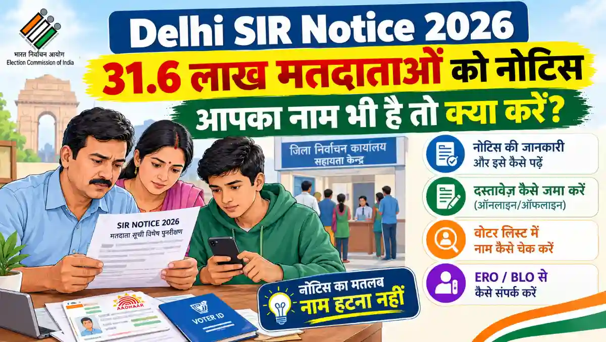 Delhi SIR Notice 2026 में मतदाता परिवार नोटिस, Aadhaar कार्ड और Voter ID के साथ जानकारी की जांच करते हुए, जिसमें नोटिस पढ़ने, दस्तावेज जमा करने और वोटर लिस्ट में नाम चेक करने की प्रक्रिया दर्शाई गई है।