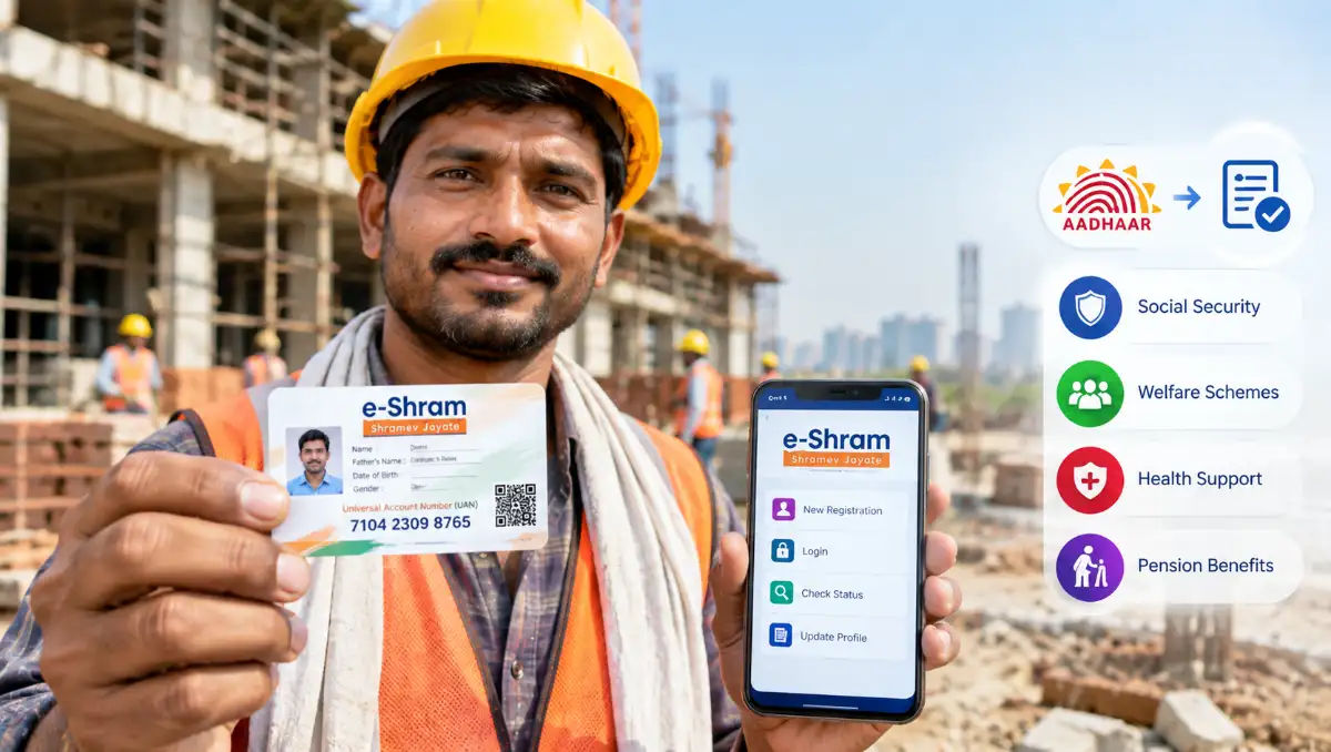 e-Shram Card 2026 registration, benefits और status check करते हुए असंगठित क्षेत्र के कामगार की तस्वीर