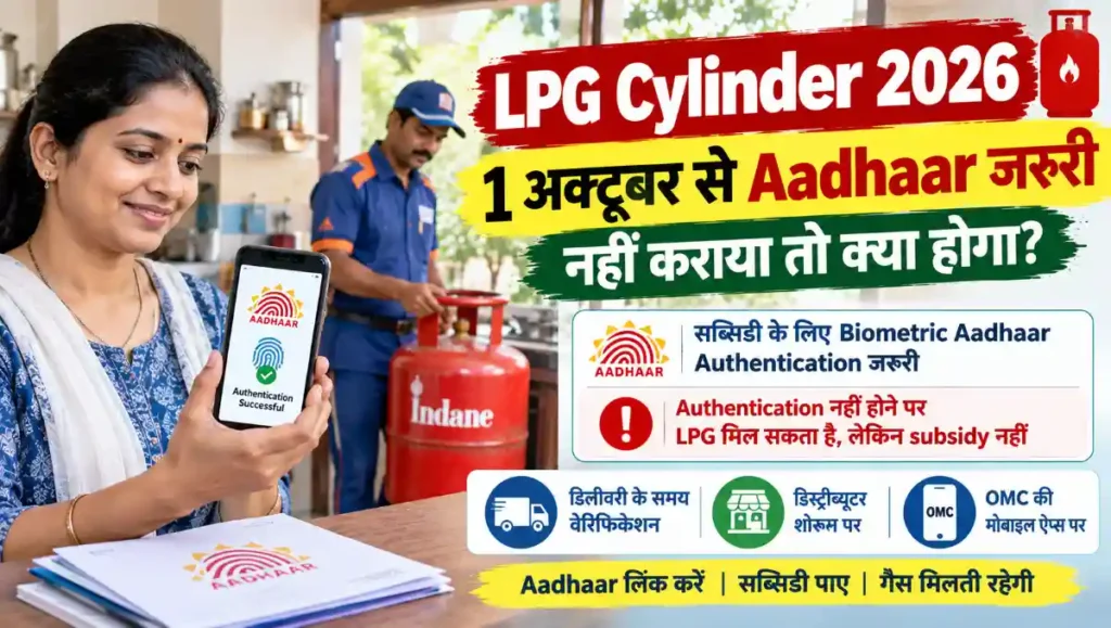 LPG Cylinder 2026 में 1 अक्टूबर से Aadhaar Biometric Authentication की अनिवार्यता, सब्सिडी पर असर और गैस डिलीवरी के दौरान सत्यापन की प्रक्रिया दर्शाता हुआ न्यूज स्टाइल चित्र।