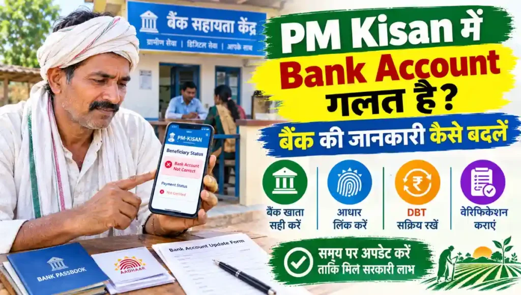 PM Kisan योजना में गलत बैंक अकाउंट की जानकारी सुधारने की प्रक्रिया, जिसमें किसान बैंक पासबुक, आधार कार्ड और मोबाइल फोन की मदद से बैंक विवरण अपडेट करते हुए दिखाई दे रहा है।