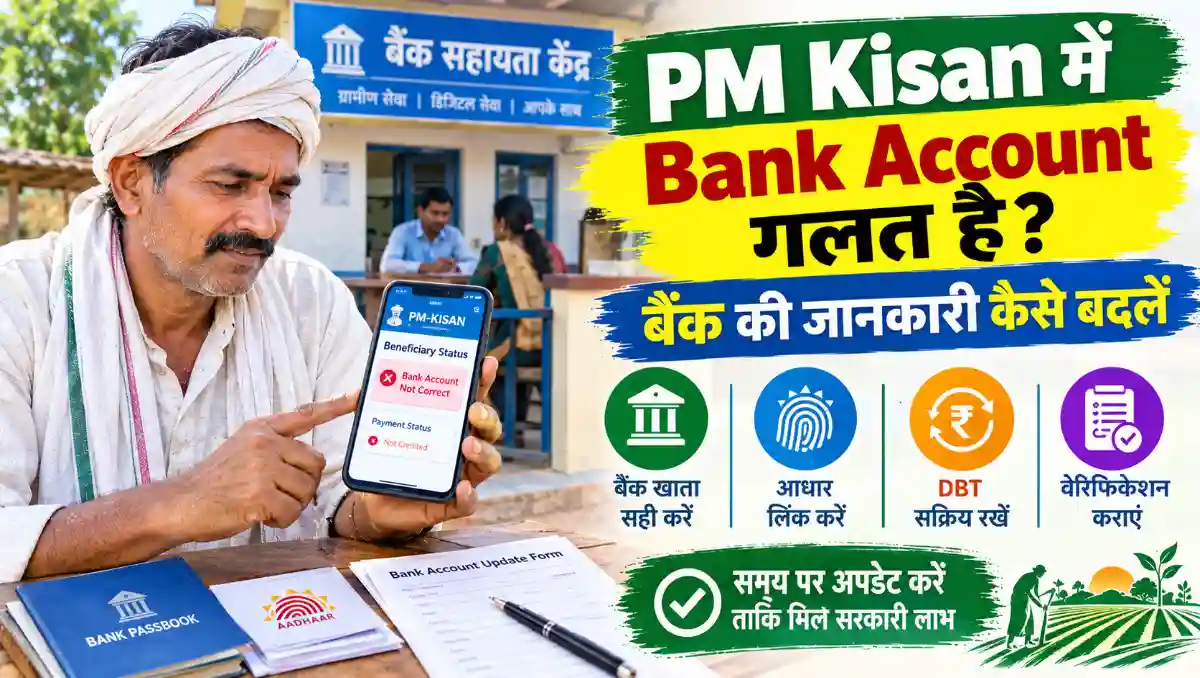 PM Kisan योजना में गलत बैंक अकाउंट की जानकारी सुधारने की प्रक्रिया, जिसमें किसान बैंक पासबुक, आधार कार्ड और मोबाइल फोन की मदद से बैंक विवरण अपडेट करते हुए दिखाई दे रहा है।