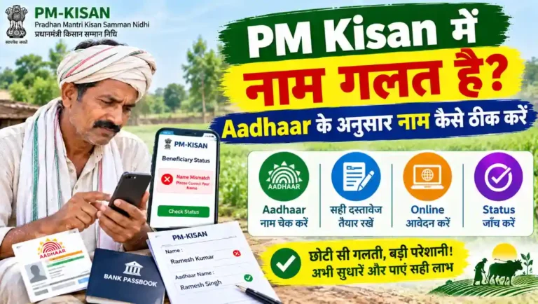 PM Kisan योजना में Aadhaar के अनुसार गलत नाम सुधारने की प्रक्रिया, जिसमें किसान मोबाइल पर लाभार्थी स्थिति चेक कर रहा है और Aadhaar कार्ड तथा बैंक दस्तावेजों के साथ नाम अपडेट की जानकारी देख रहा है।