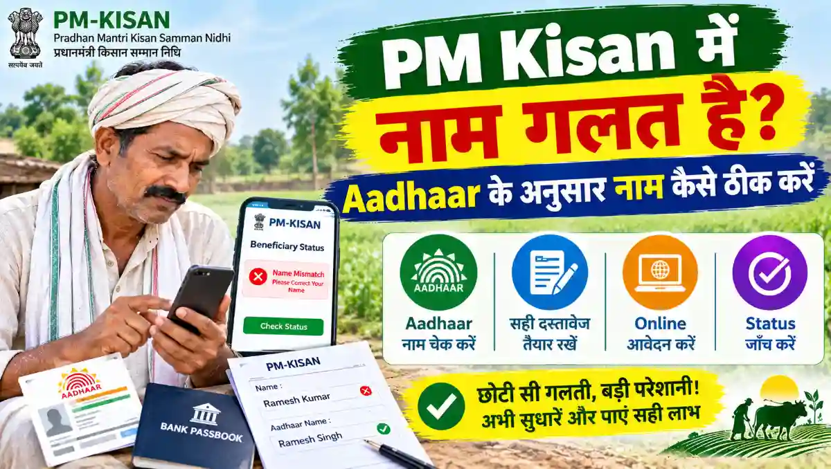 PM Kisan योजना में Aadhaar के अनुसार गलत नाम सुधारने की प्रक्रिया, जिसमें किसान मोबाइल पर लाभार्थी स्थिति चेक कर रहा है और Aadhaar कार्ड तथा बैंक दस्तावेजों के साथ नाम अपडेट की जानकारी देख रहा है।