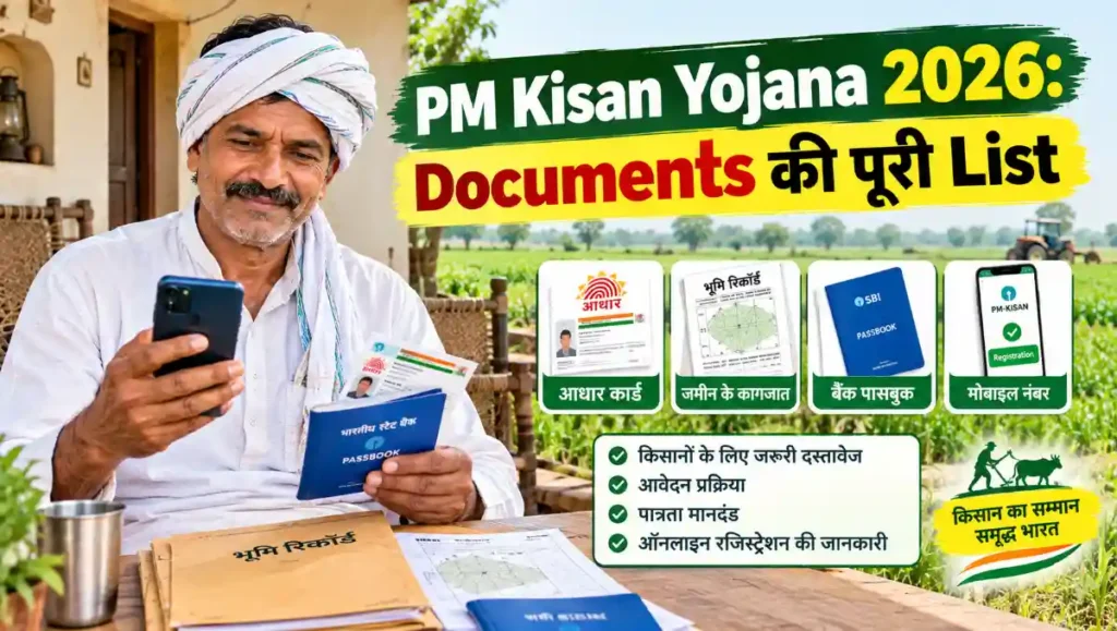 PM Kisan Yojana 2026 के लिए जरूरी Documents की पूरी List, जिसमें Aadhaar Card, जमीन के कागजात, बैंक पासबुक और मोबाइल नंबर के साथ किसान ऑनलाइन आवेदन करते हुए दिखाया गया है।