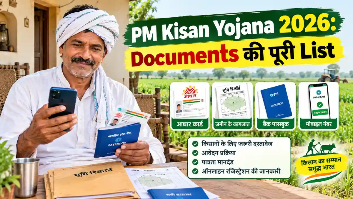 PM Kisan Yojana 2026 के लिए जरूरी Documents की पूरी List, जिसमें Aadhaar Card, जमीन के कागजात, बैंक पासबुक और मोबाइल नंबर के साथ किसान ऑनलाइन आवेदन करते हुए दिखाया गया है।