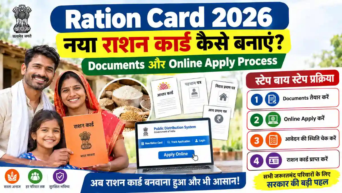 Ration Card 2026 के लिए नया राशन कार्ड बनाने की प्रक्रिया, जरूरी दस्तावेज और Online Apply Process दर्शाता हुआ परिवार और सरकारी राशन कार्ड आवेदन का चित्र।