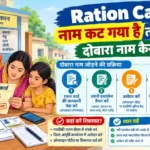 Ration Card में नाम कट जाने के बाद दोबारा नाम जोड़ने की प्रक्रिया, जिसमें भारतीय परिवार राशन कार्ड, Aadhaar कार्ड और जरूरी दस्तावेजों के साथ आवेदन की जानकारी देख रहा है।