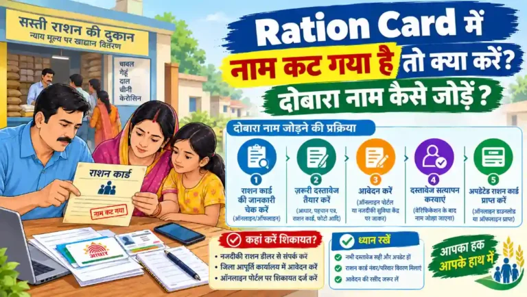 Ration Card में नाम कट जाने के बाद दोबारा नाम जोड़ने की प्रक्रिया, जिसमें भारतीय परिवार राशन कार्ड, Aadhaar कार्ड और जरूरी दस्तावेजों के साथ आवेदन की जानकारी देख रहा है।