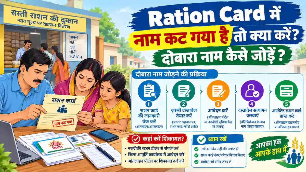 Ration Card में नाम कट जाने के बाद दोबारा नाम जोड़ने की प्रक्रिया, जिसमें भारतीय परिवार राशन कार्ड, Aadhaar कार्ड और जरूरी दस्तावेजों के साथ आवेदन की जानकारी देख रहा है।