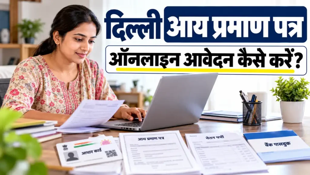 दिल्ली में आय प्रमाण पत्र के लिए ऑनलाइन आवेदन करती महिला