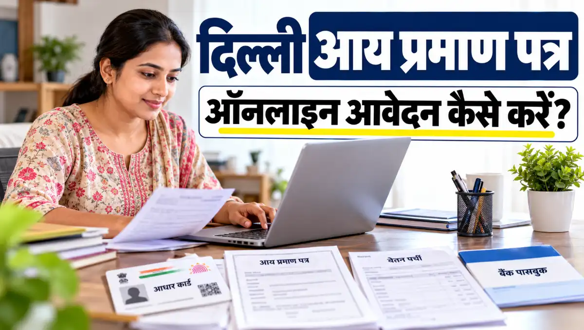 दिल्ली में आय प्रमाण पत्र के लिए ऑनलाइन आवेदन करती महिला